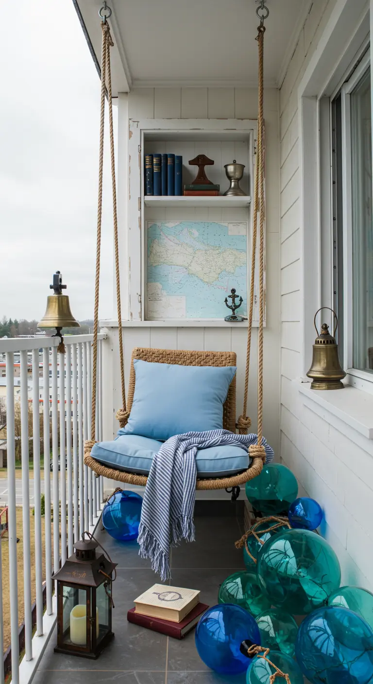 Balkon met hangende schommelstoel aan touw, nis met nautische decoratie en glazen boeien op de vloer.