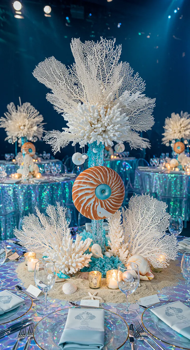 Centerpiece met wit koraal, een nautilusschelp en andere zeeschatten op een feesttafel.