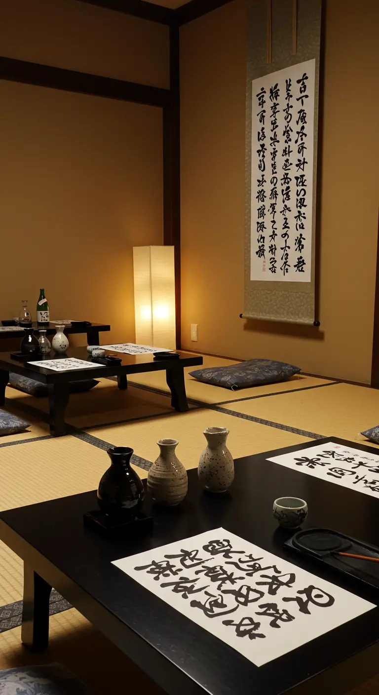 Japanse kamer met lage tafels, klaar voor een kalligrafieworkshop.