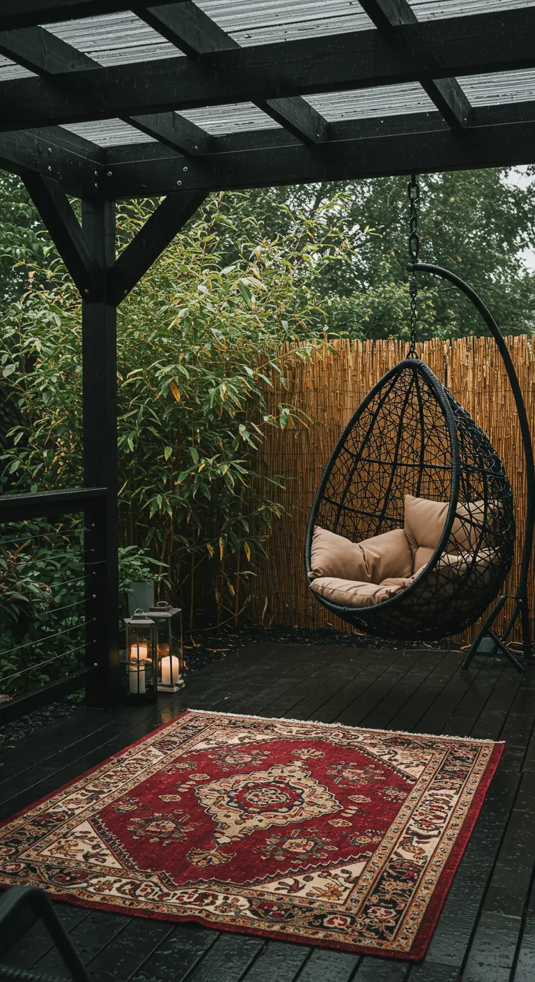 Donker houten terras met een hangstoel en Perzisch tapijt tijdens een regenbui.