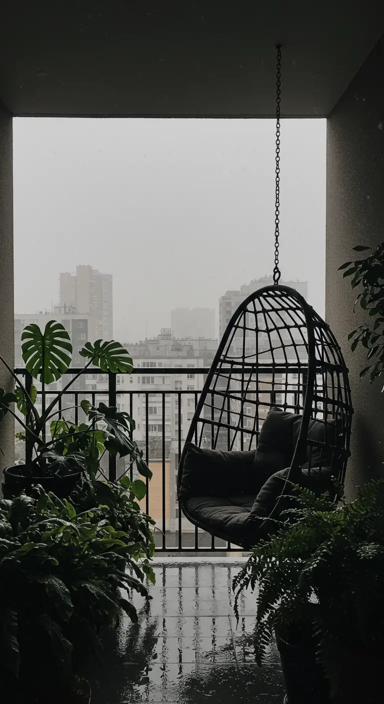 Zwarte hangstoel op een overdekt balkon tijdens een regenachtige dag, met uitzicht op de stad.