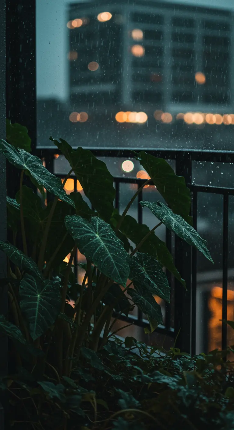 Grote groene bladeren met regendruppels op een balkon, met wazige stadslichten op de achtergrond.