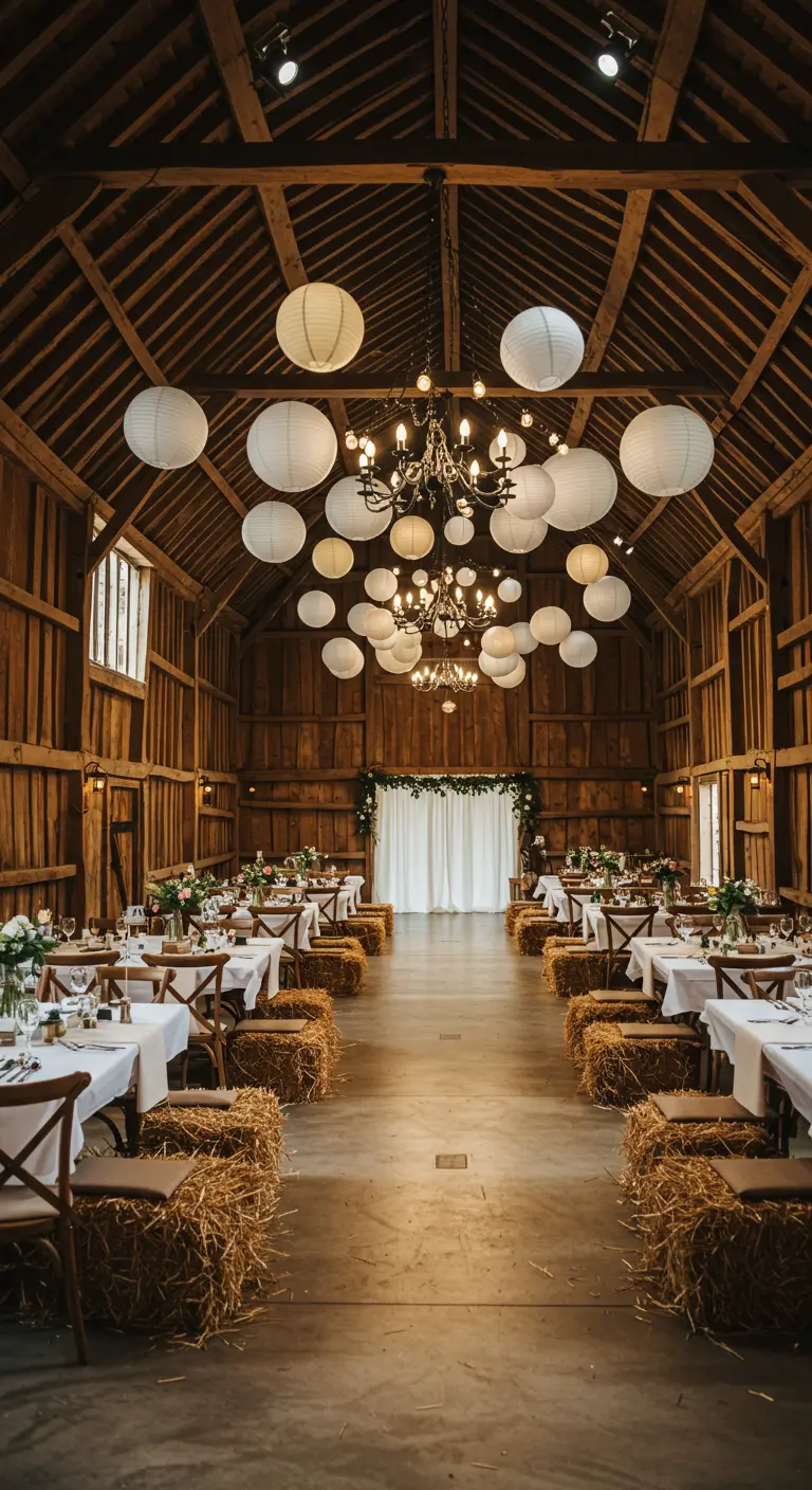 Receptie in een schuur met lange tafels, hooibalen en veel lampionnen.