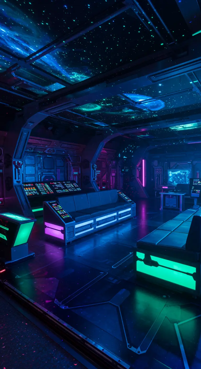Futuristische sci-fi controlekamer met paarse en groene neon accenten en sterrenplafond.