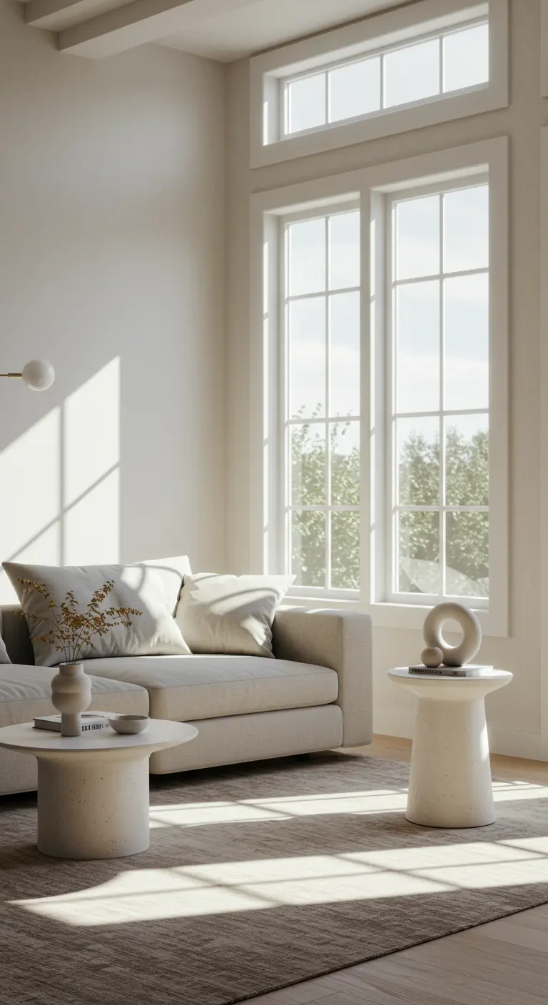 Lichte, minimalistische woonkamer met witte bank en twee sculpturale bijzettafels.