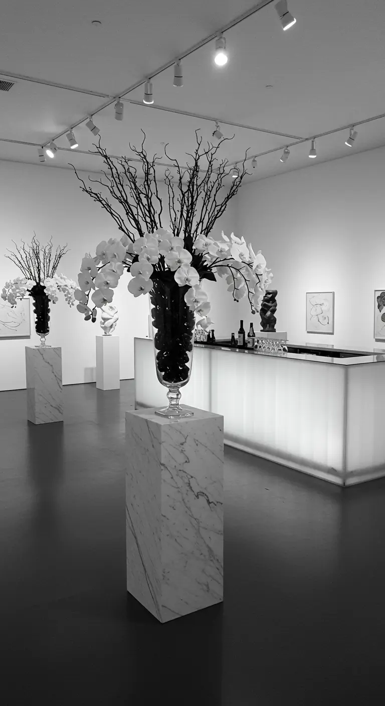 Witte orchideeën op marmeren sokkels in een minimalistische galerie-setting.