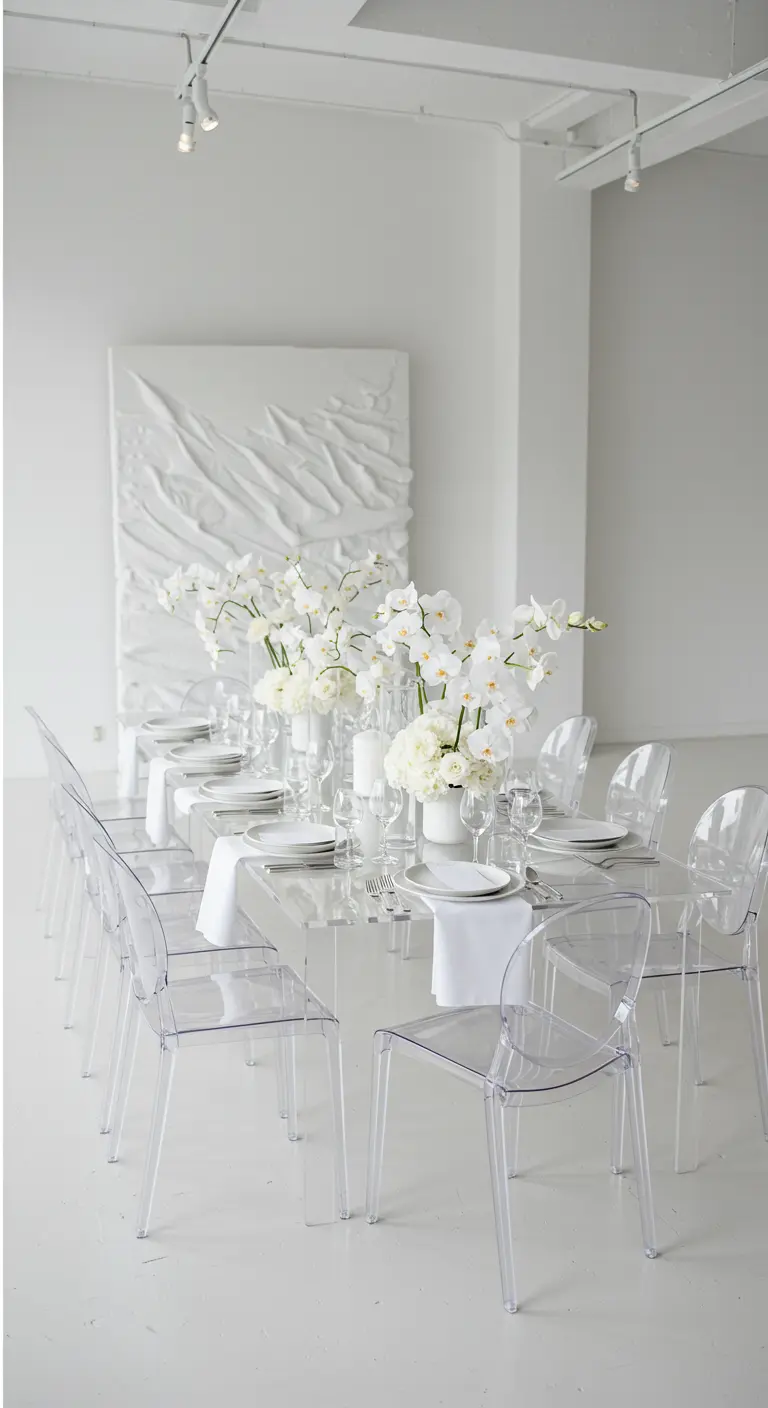 Moderne, volledig witte tafelsetting met orchideeën en transparante stoelen.