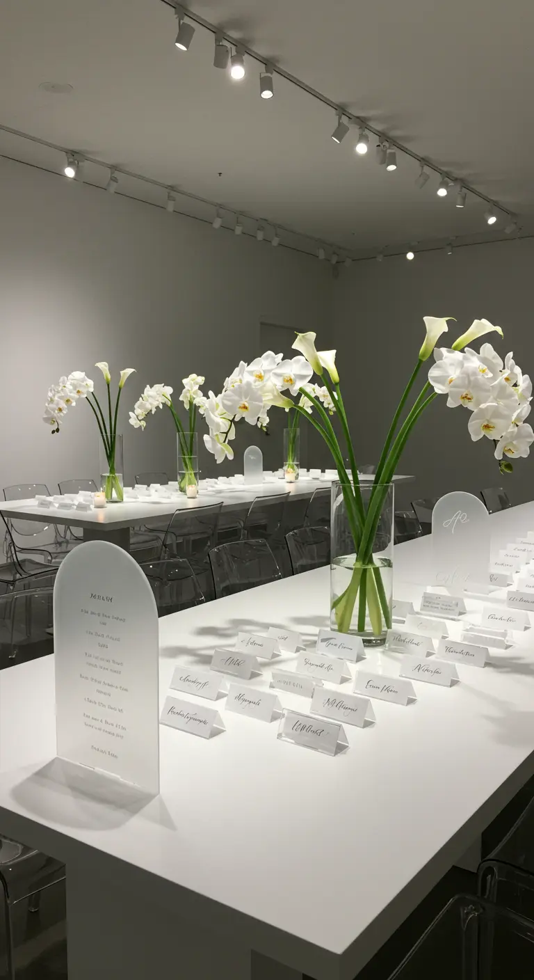 Moderne, witte tafelsetting met sculpturale witte orchideeën in glazen vazen en plexiglas menukaarten.