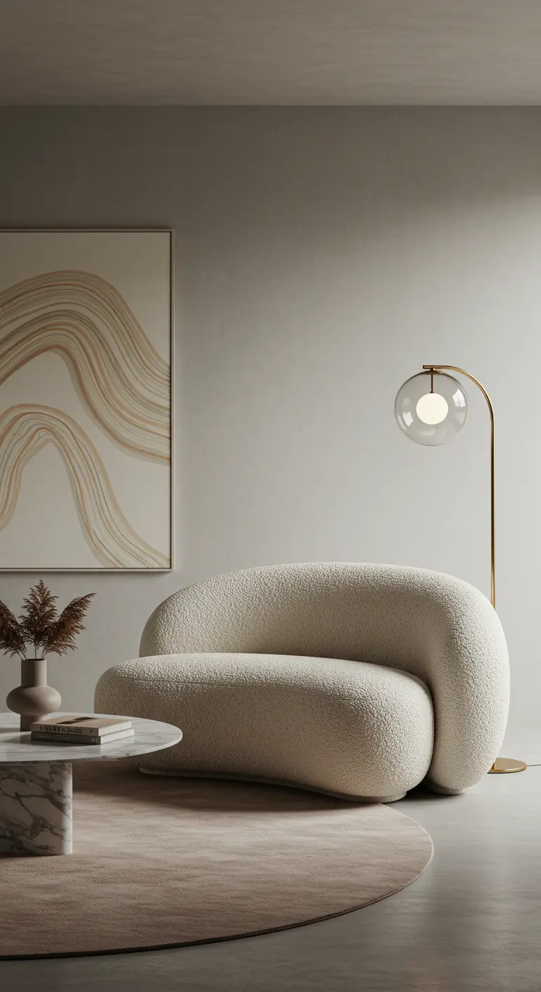 Minimalistische woonkamer met bouclé fauteuil, rond vloerkleed, marmeren salontafel en booglamp.