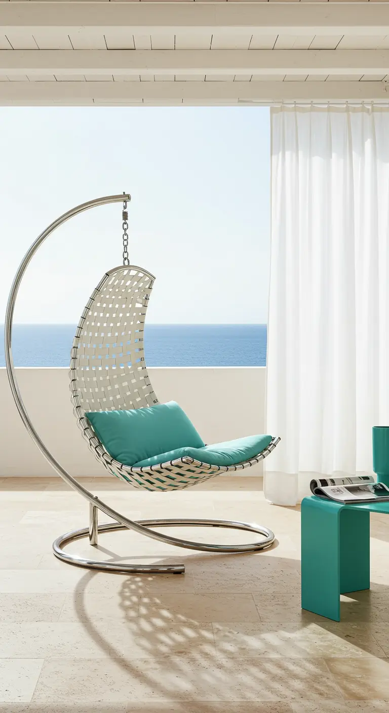 Design hangstoel met chromen frame en turquoise kussen op een zonnig balkon.