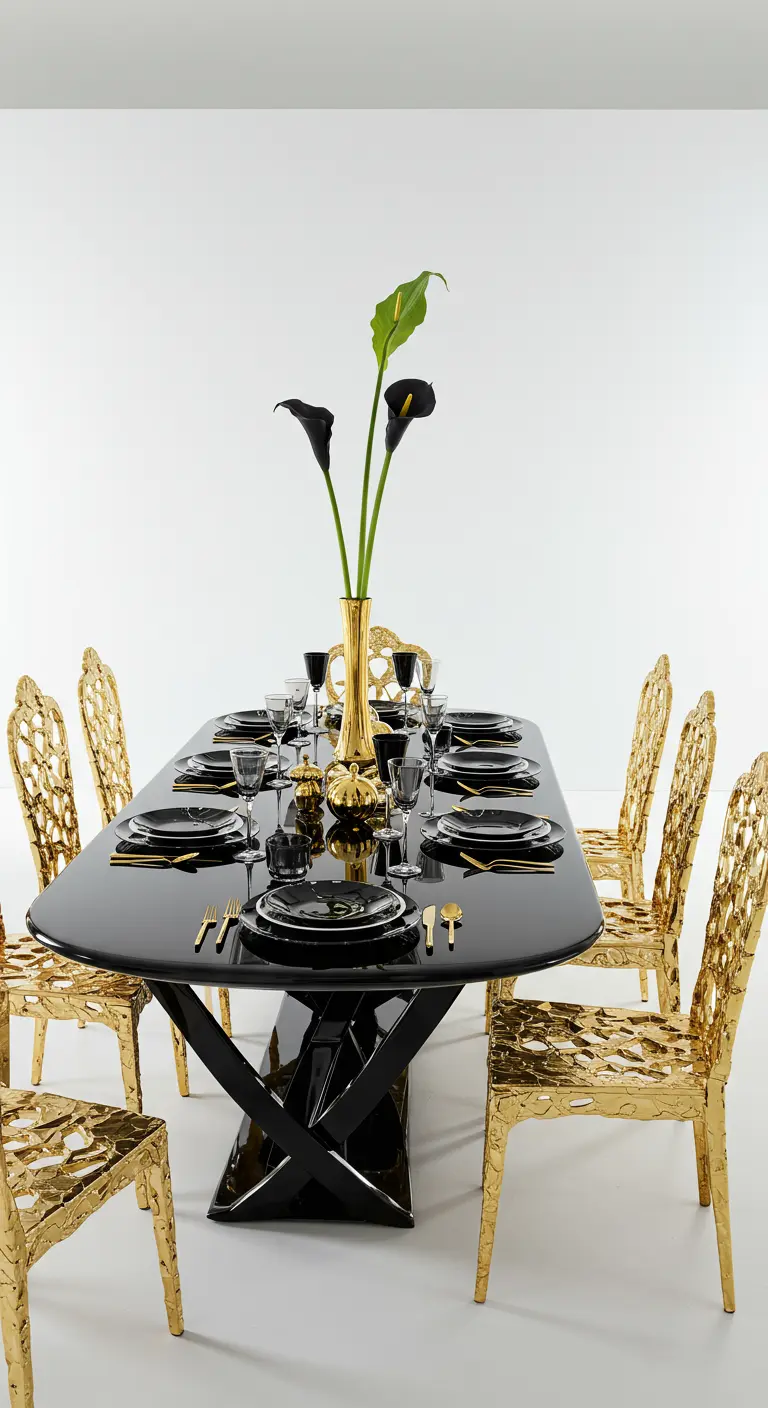 Zwarte glanzende tafel met zeer gedetailleerde gouden stoelen en zwarte aronskelken.