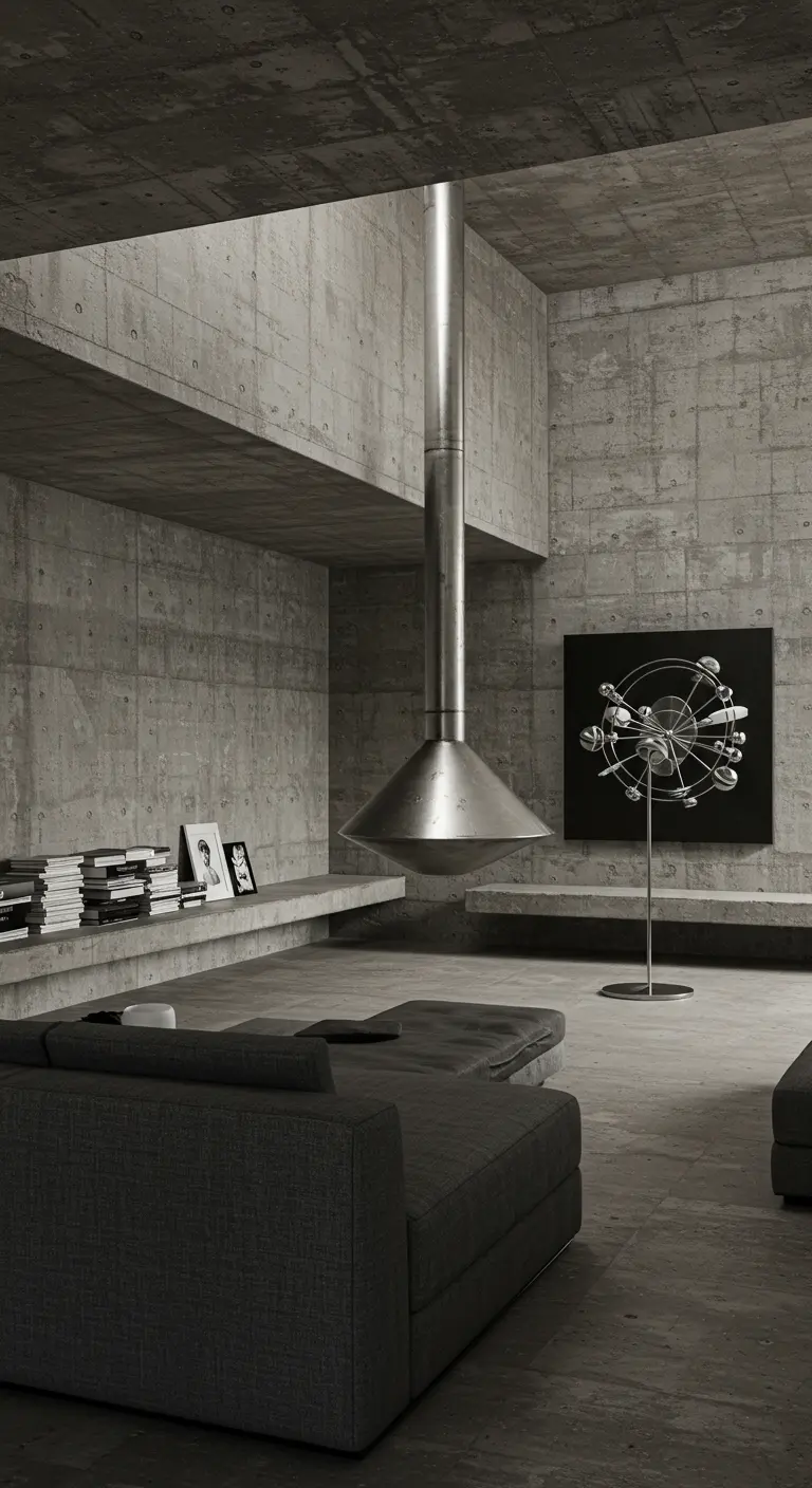 Brutalisische betonnen woonkamer met een zwevende metalen haard en een kinetisch metalen kunstwerk.
