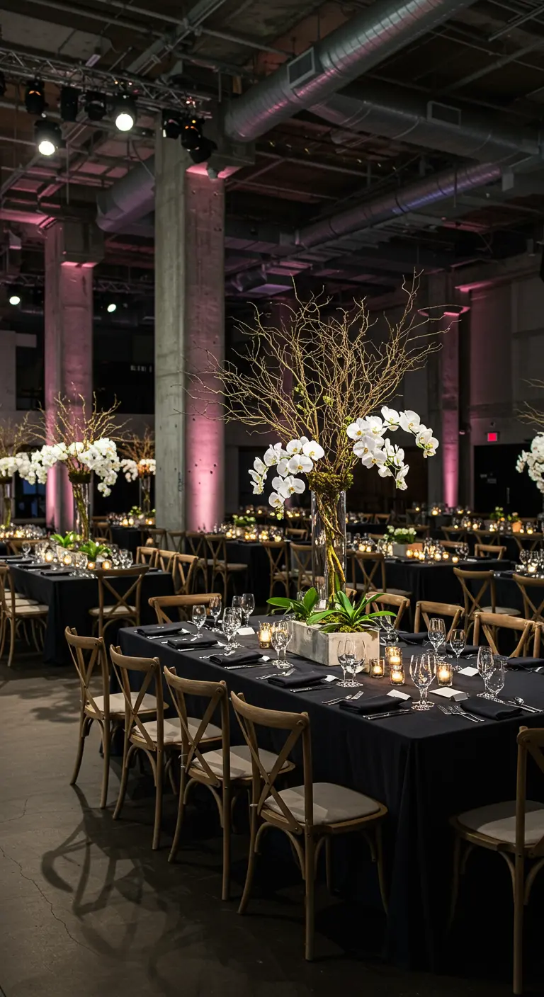 Chique gedekte tafels in een grote hal met hoge centerpieces van kale takken en witte orchideeën.