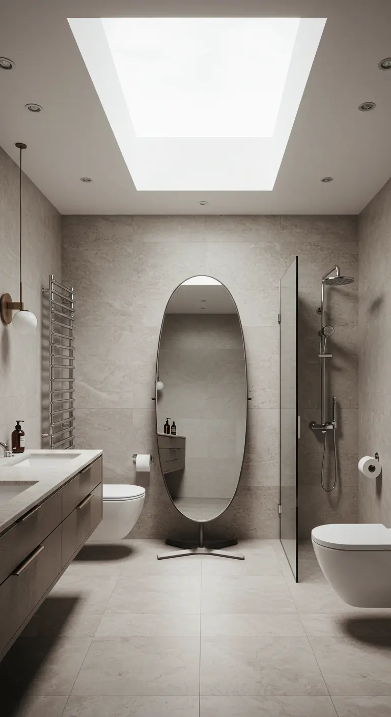 Minimalistische badkamer met een grote, vrijstaande ovale spiegel die zachtheid toevoegt aan de ruimte.