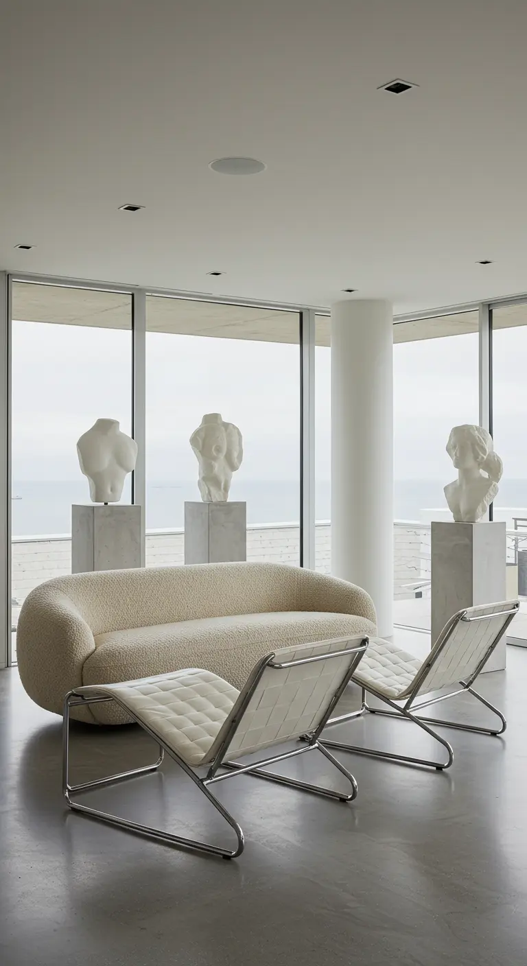 Minimalistische witte woonkamer met uitzicht op zee, met drie klassieke bustes op marmeren sokkels.