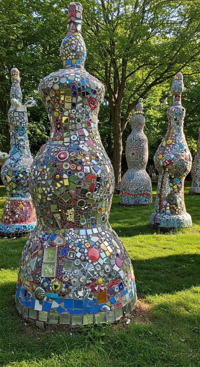 Grote, organisch gevormde sculpturen in een grasveld, volledig bedekt met spiegelend mozaïek.