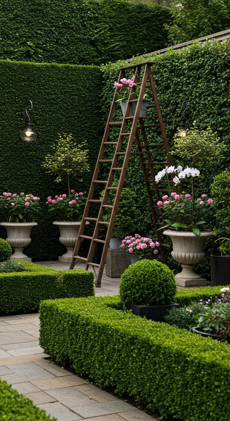 Hoge donkerhouten ladder in een formele tuin met buxushagen en klassieke stenen potten.