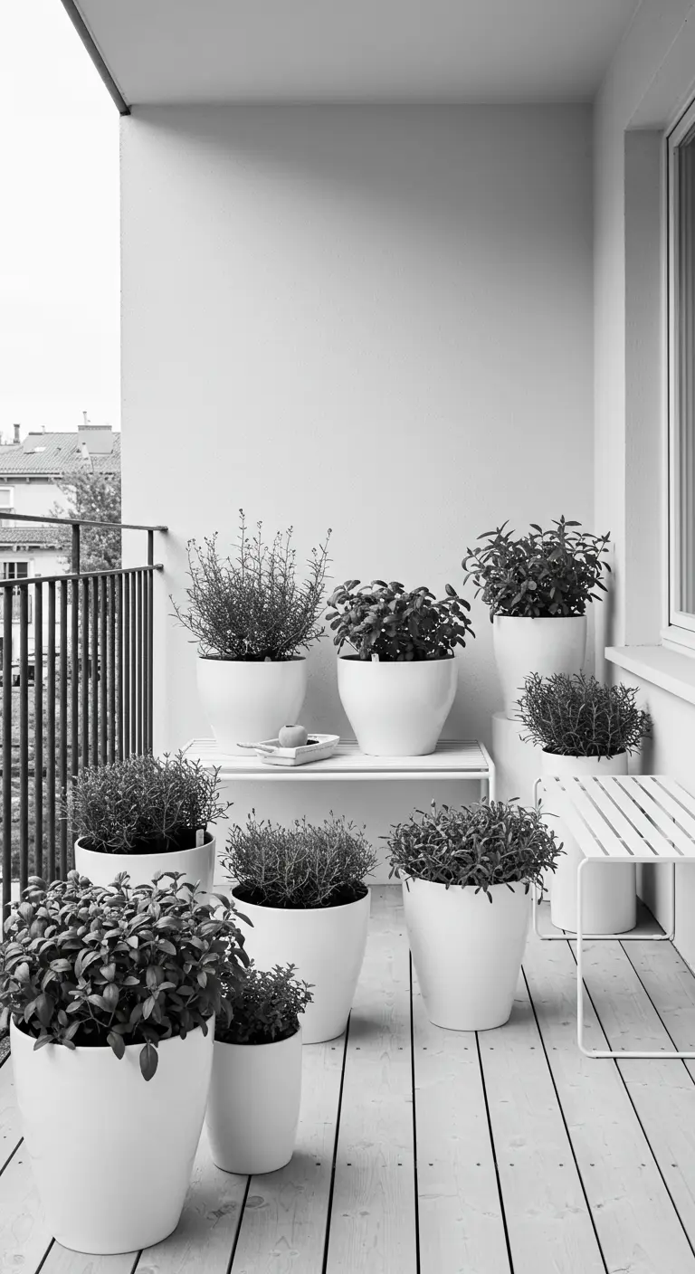 Balkon volledig in wit, met diverse kruiden in witte potten van verschillende groottes.