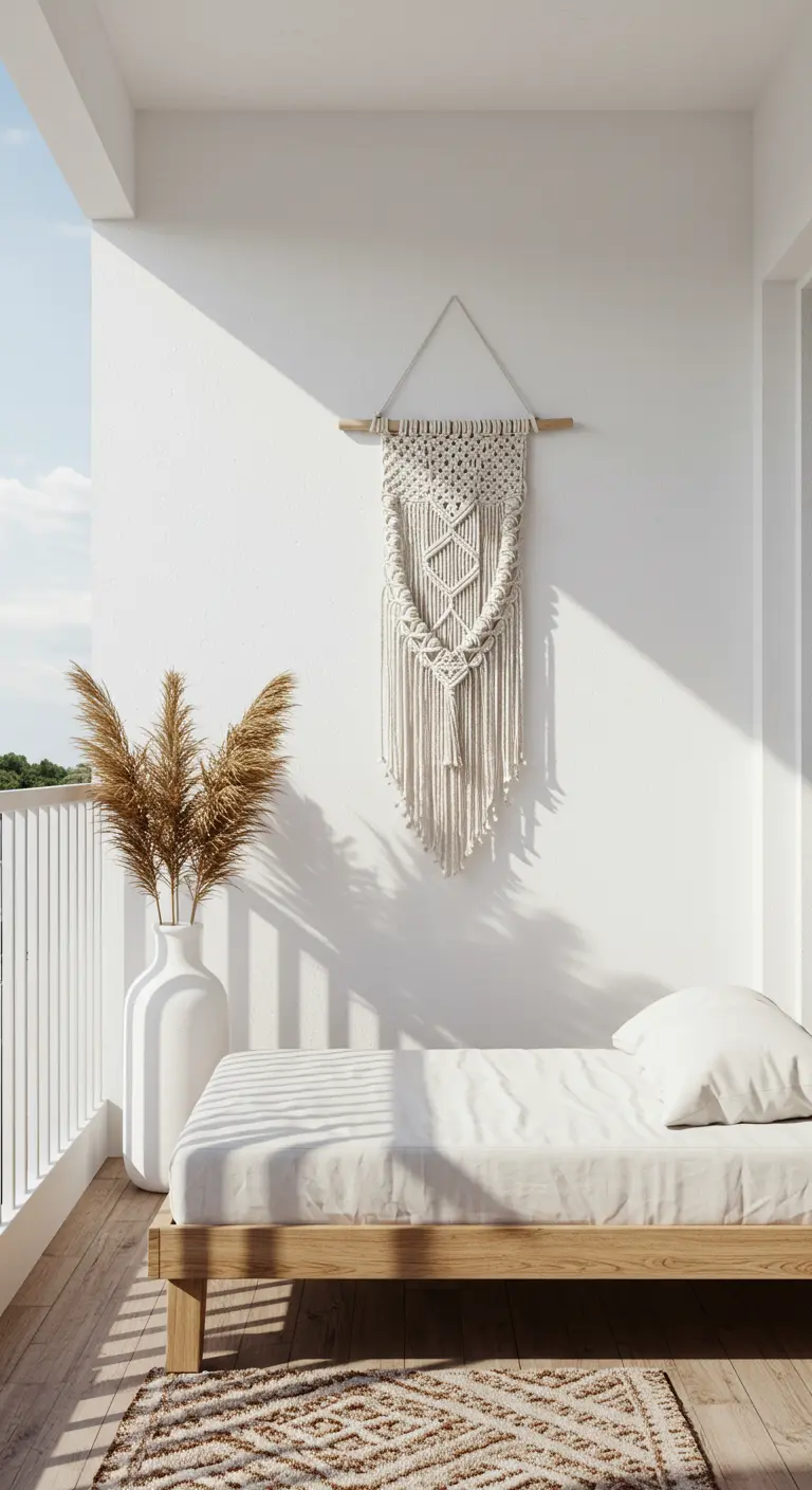 Minimalistisch wit balkon met een daybed, macramé wandkleed en pampasgras.