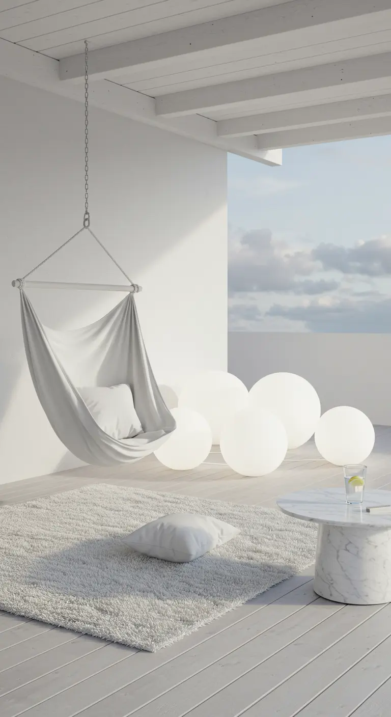 Witte hangmatstoel op een wit terras met een wit vloerkleed en grote, lichtgevende bollen.