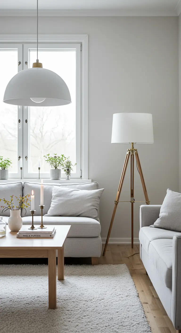 Lichte Scandinavische woonkamer met witte koepellamp en een houten driepootlamp.