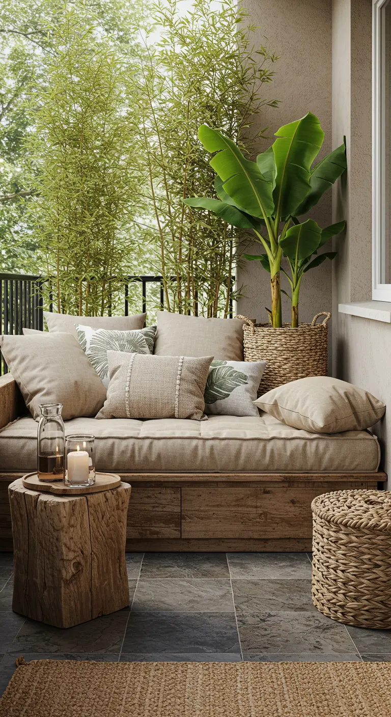 Rustiek balkon met houten daybed, linnen kussens, rieten manden en een bananenplant.