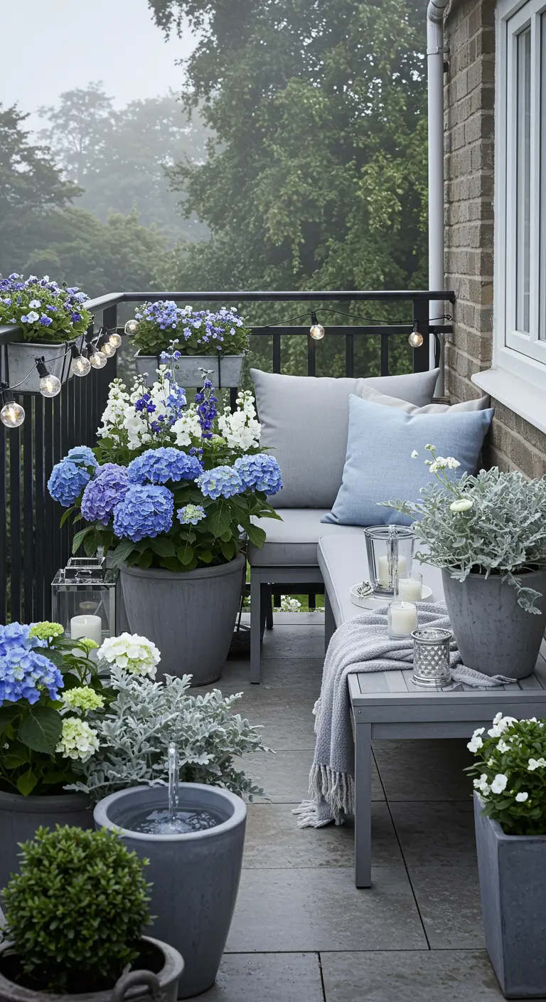 Balkon met grijze lounge set, blauwe hortensia's, waterornament en sfeervolle verlichting.