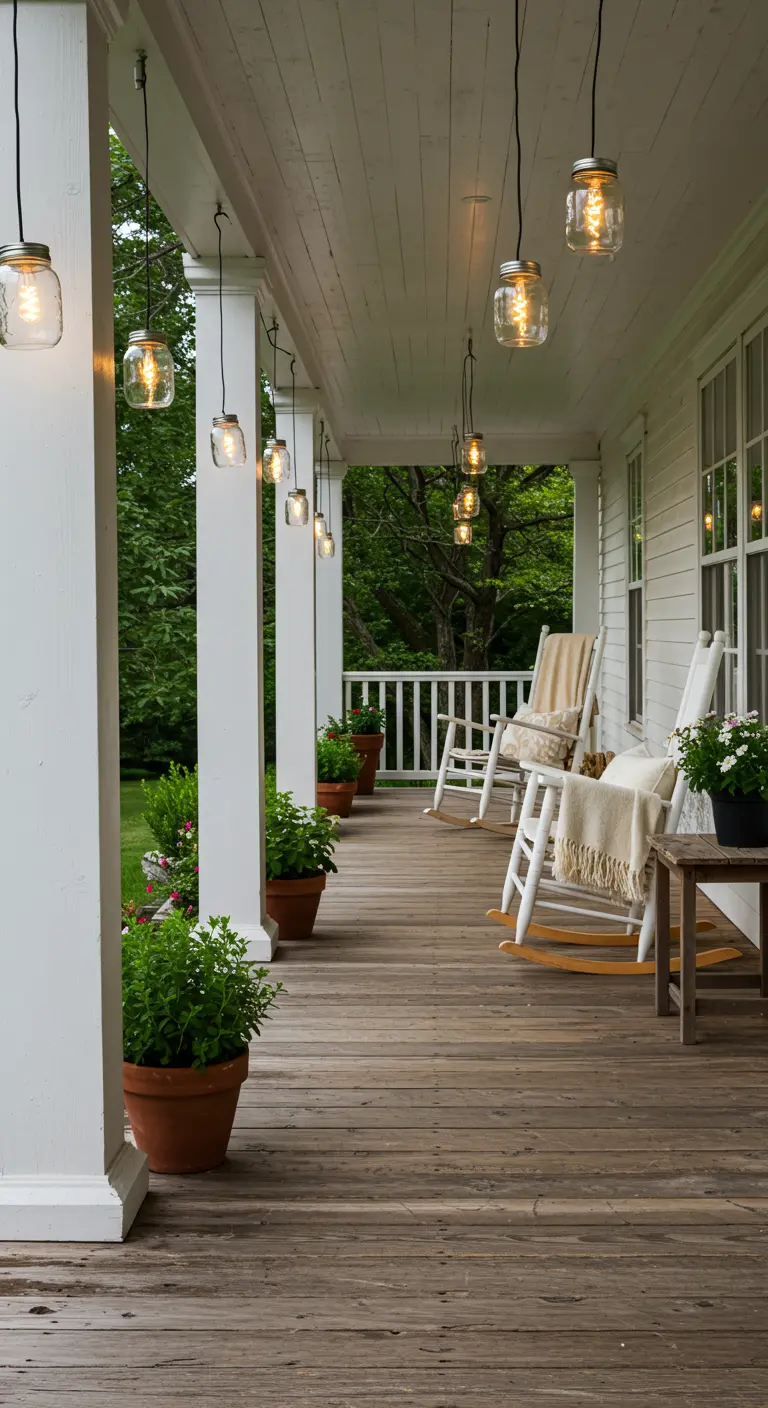 Witte houten veranda met houten vloer, verlicht door hangende glazen Mason Jars met gloeilampen, comfortabele schommelstoelen.
