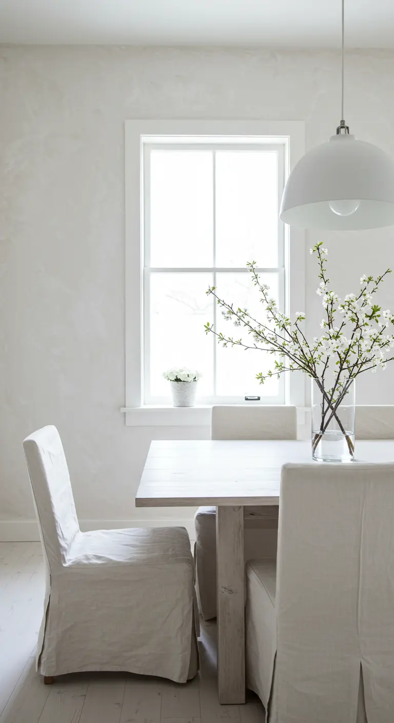 Minimalistische, volledig witte eetkamer met stoelen met linnen hoezen en een tak bloesem in een vaas.