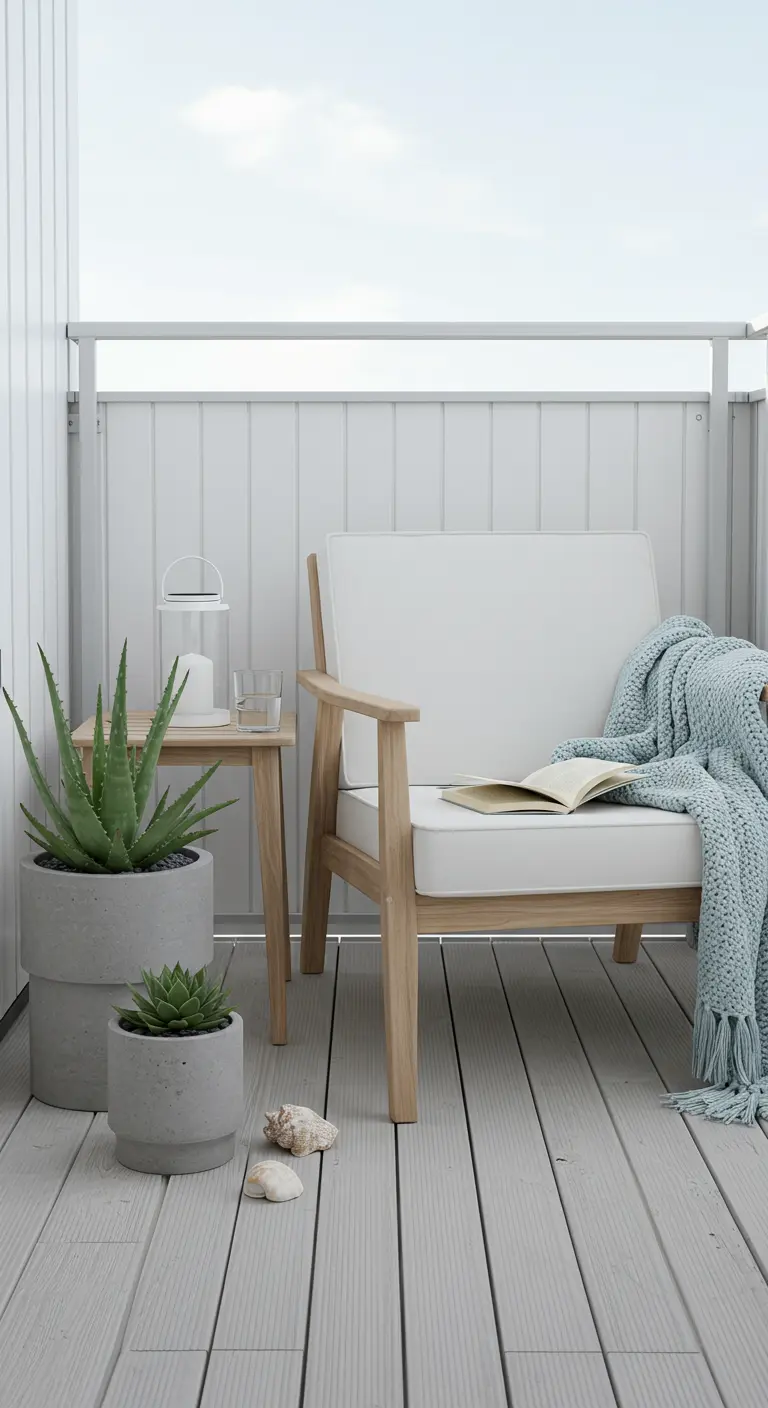 Minimalistisch balkon met witte wanden, houten stoel, betonnen potten met planten en schelpen.
