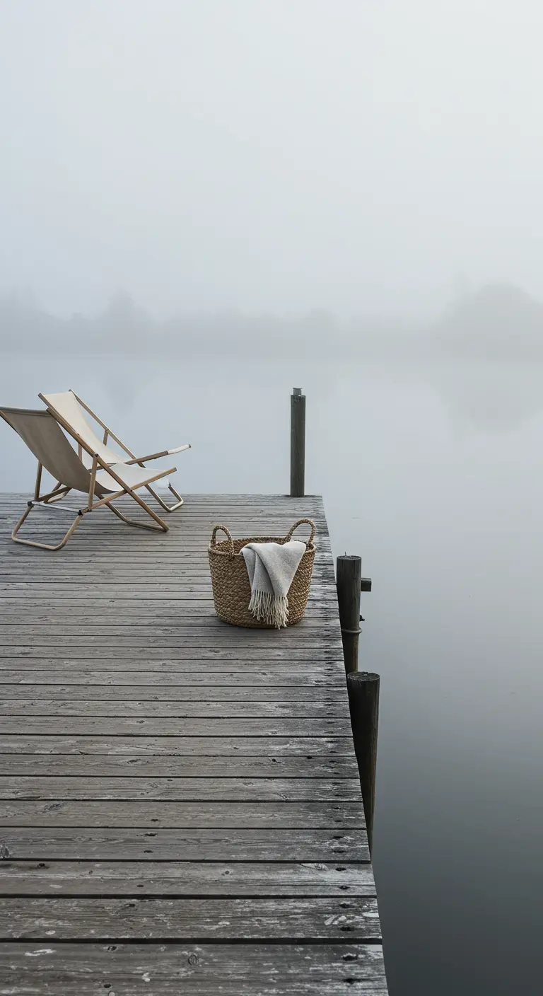 Twee strandstoelen op een houten steiger aan een mistig meer.