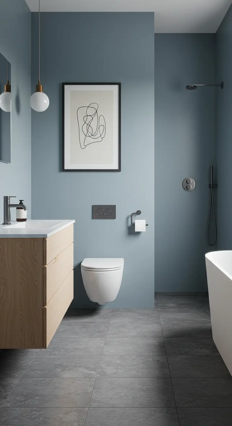 Minimalistische badkamer met vergrijsd blauwe muren, eikenhouten meubel en abstracte kunst.