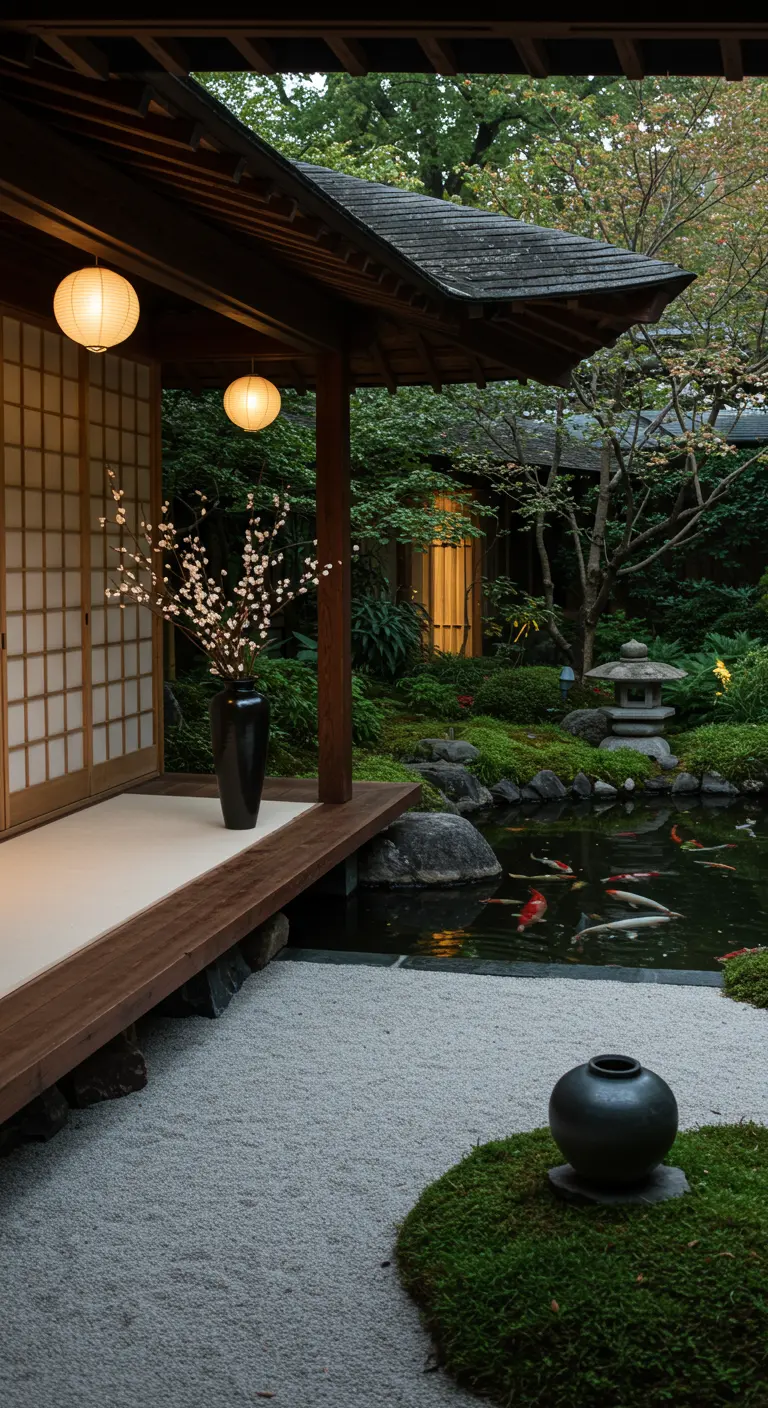 Japanse tuin met koivijver, houten huis, lampionnen en bloesemtak.