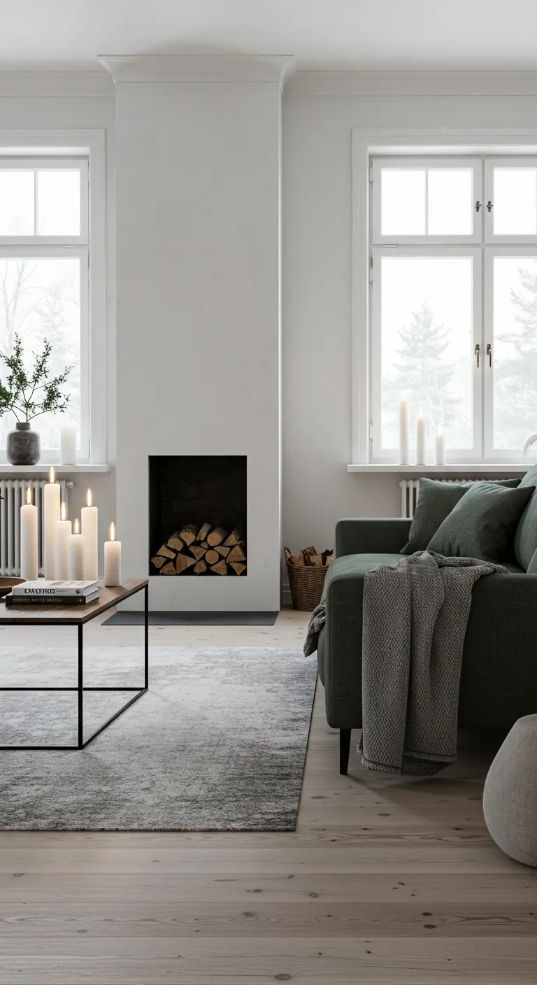 Scandinavische woonkamer met witte muren, minimalistische haard, groene bank en kaarsen.