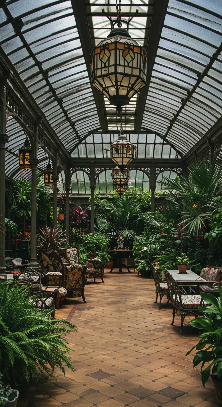Binnenaanzicht van een ruime, glazen serre vol tropische planten, met grote, hangende lantaarns met glas.