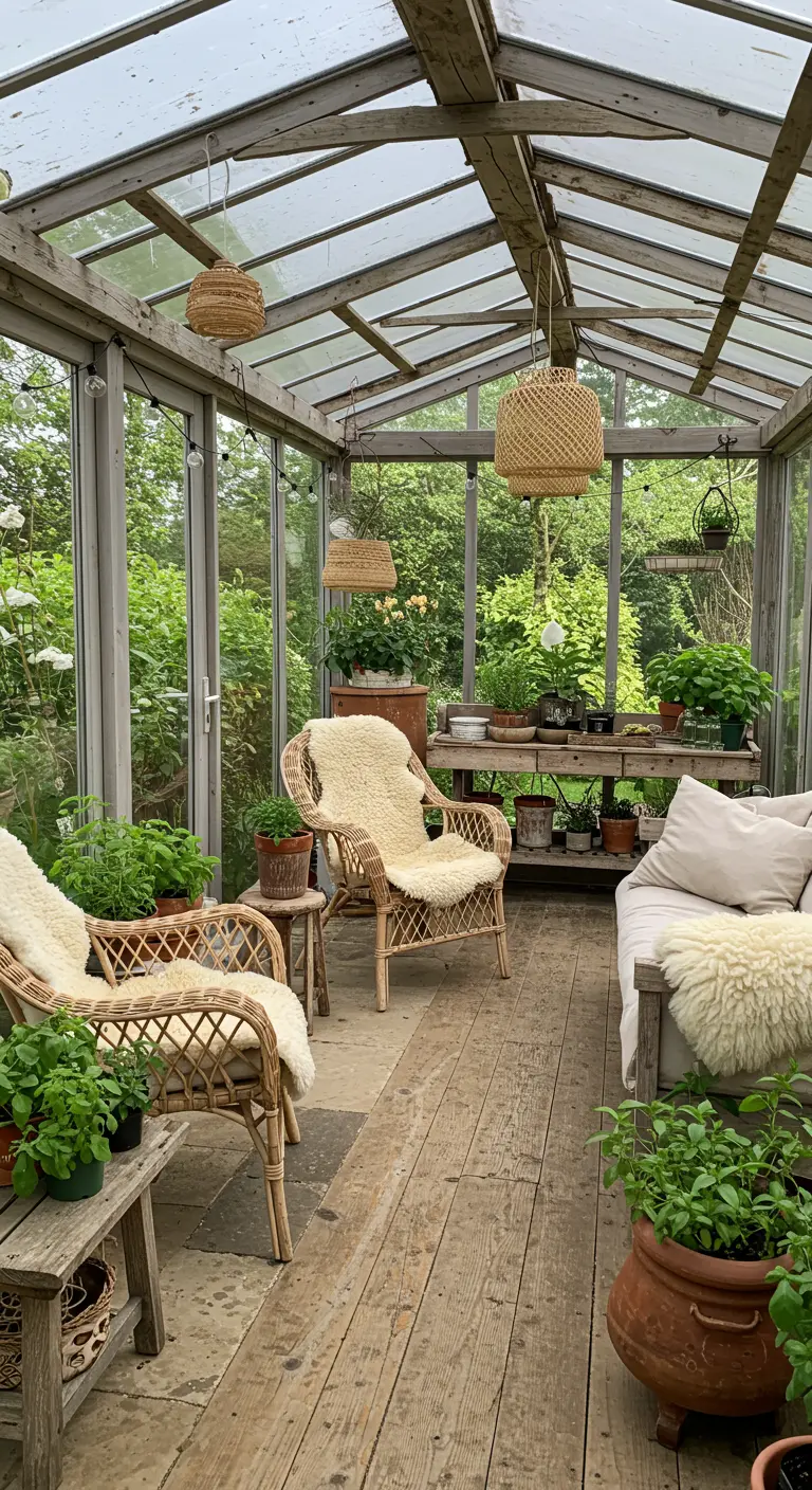 Serre met houten frame, rieten stoelen, schapenvachten en veel planten