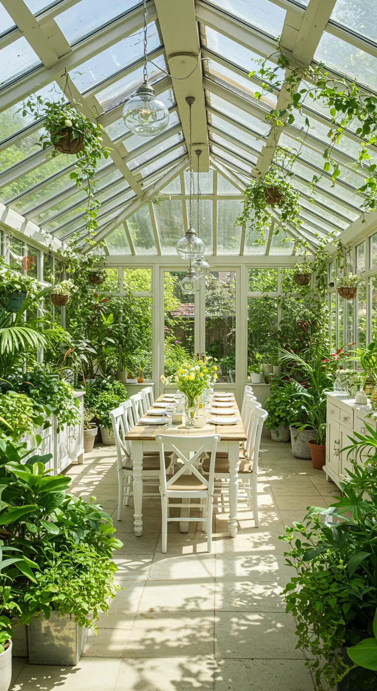 Ruime serre met glazen dak, witte eettafel, witte stoelen en veel weelderige planten.