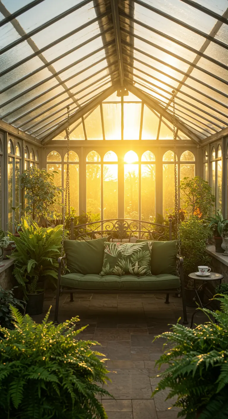 Groene metalen schommelbank in glazen serre vol planten, baadt in zonsopganglicht.