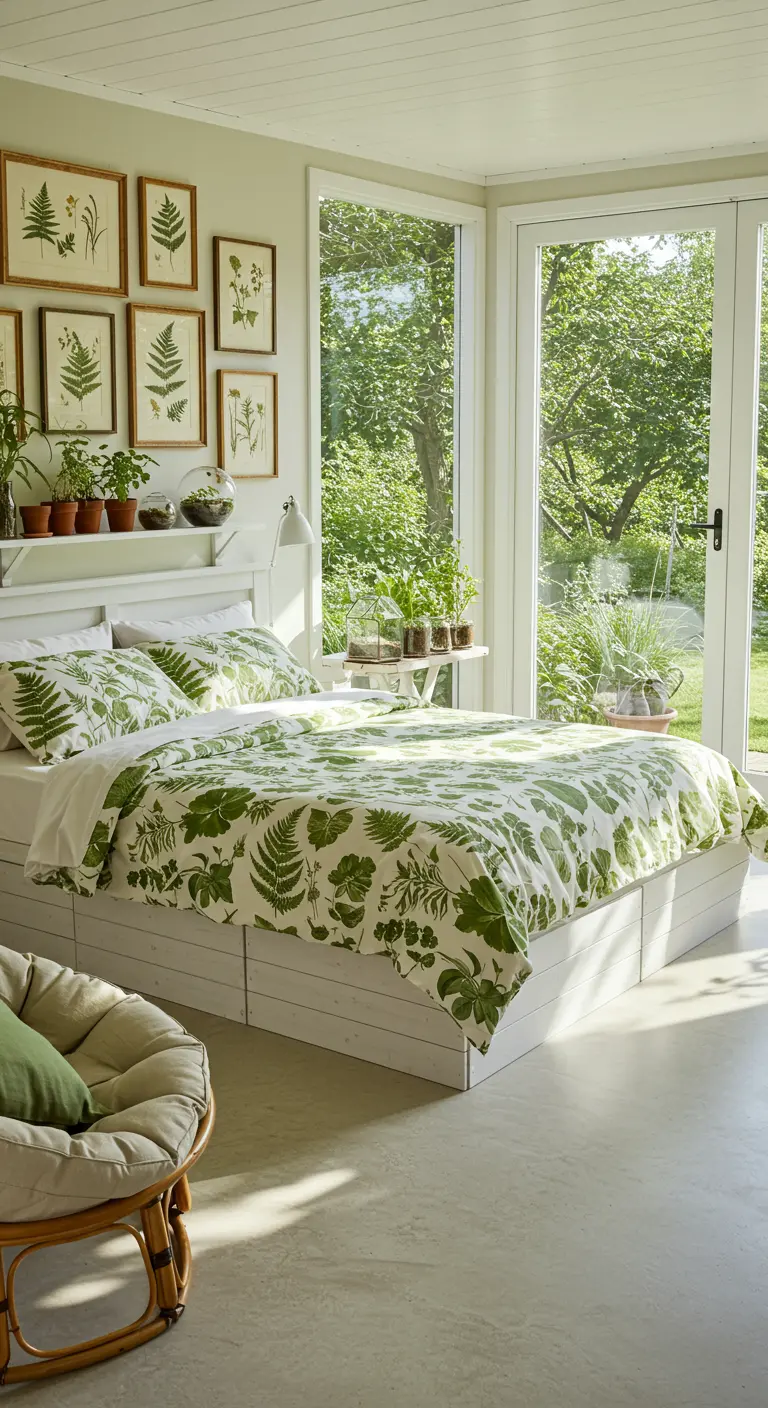 Lichte slaapkamer in serre-stijl met groene botanische beddengoed en varens op de muur.