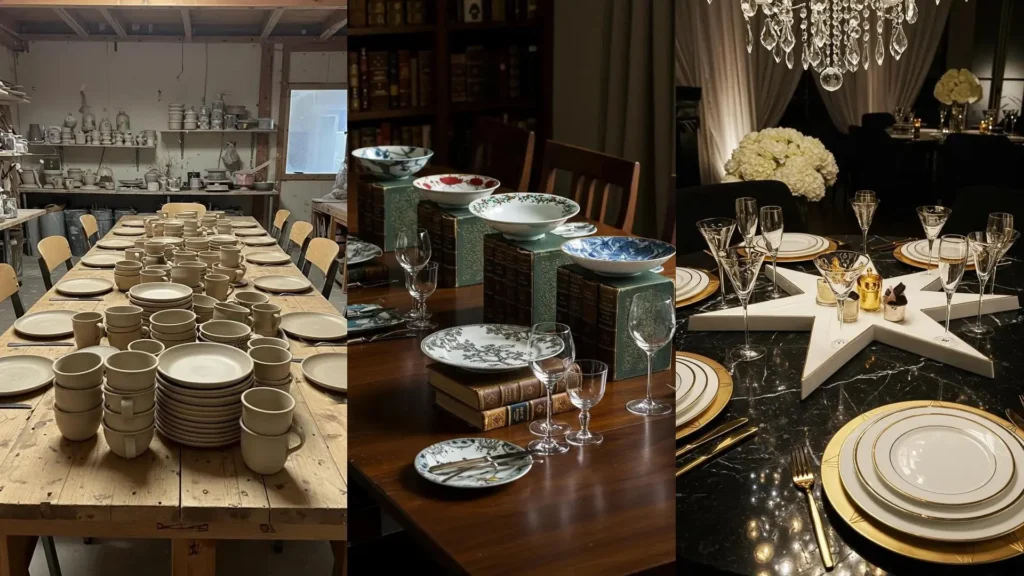 Servies, borden en glazen als creatieve centerpieces op diverse gedekte tafels.