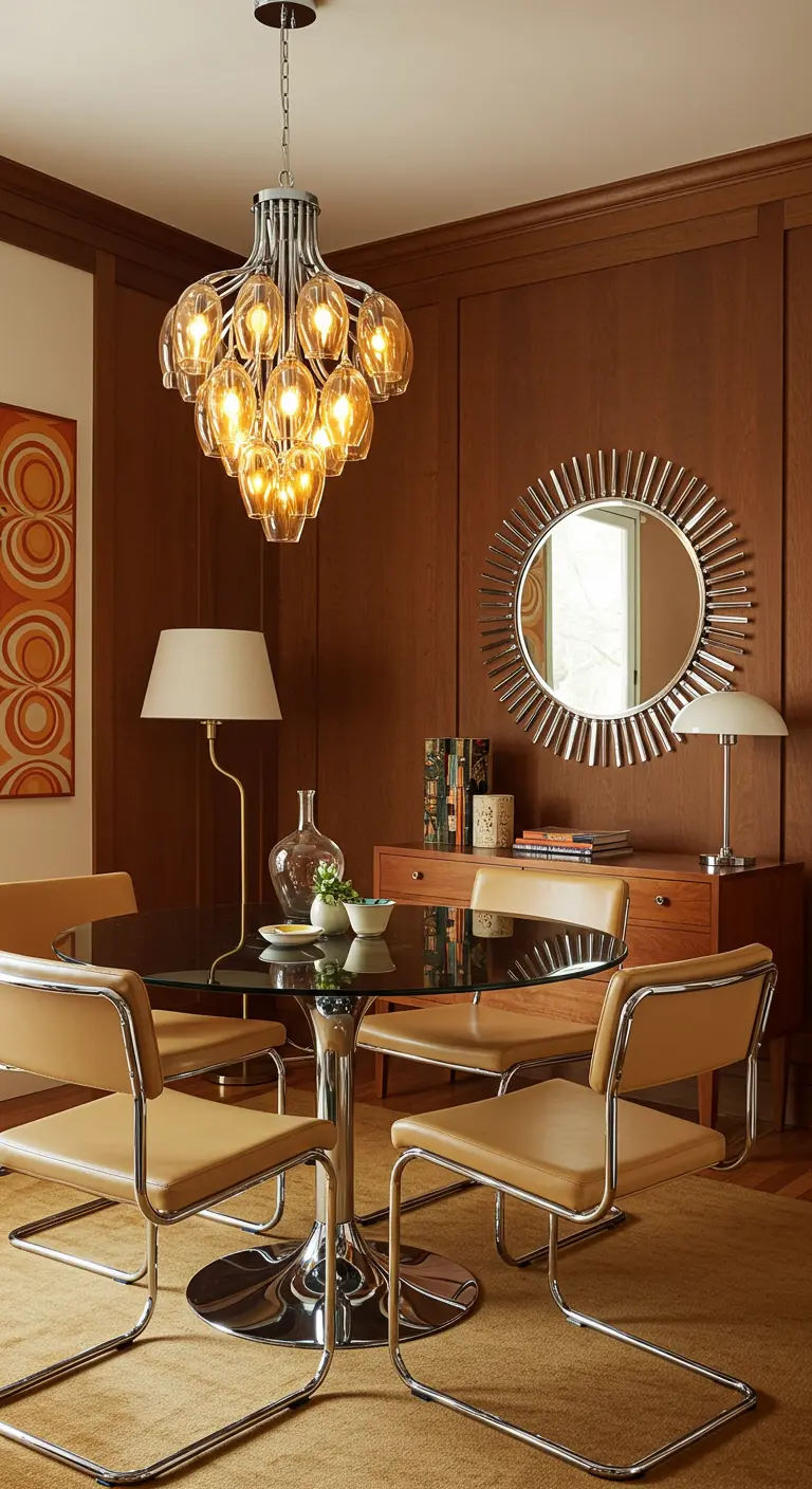 Jaren '70 stijl eethoek met houten wandpanelen, glazen tafel en een lamp met amberkleurig glas.