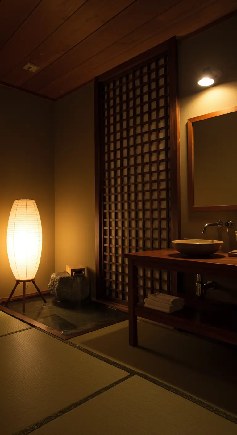 Donkere Japanse badkamer met houten roosterwand, tatami matten en een papieren lantaarnlamp.