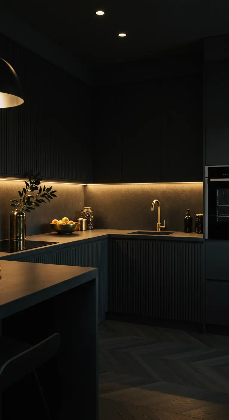 Donkere keuken met zwarte latjes, een betonlook achterwand en warme LED-verlichting onder de kasten.