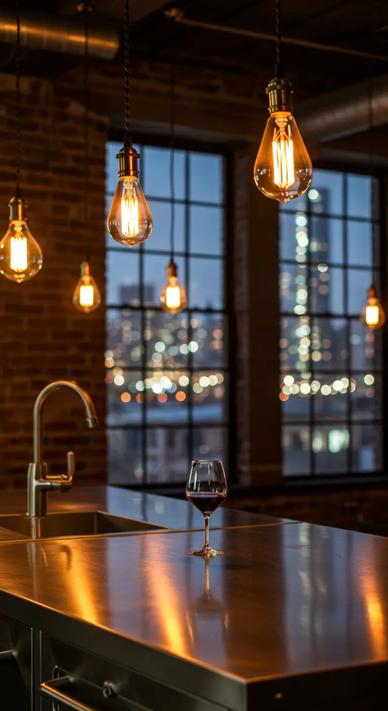 Sfeervolle keuken bij nacht met warme lampen en uitzicht op de stad.