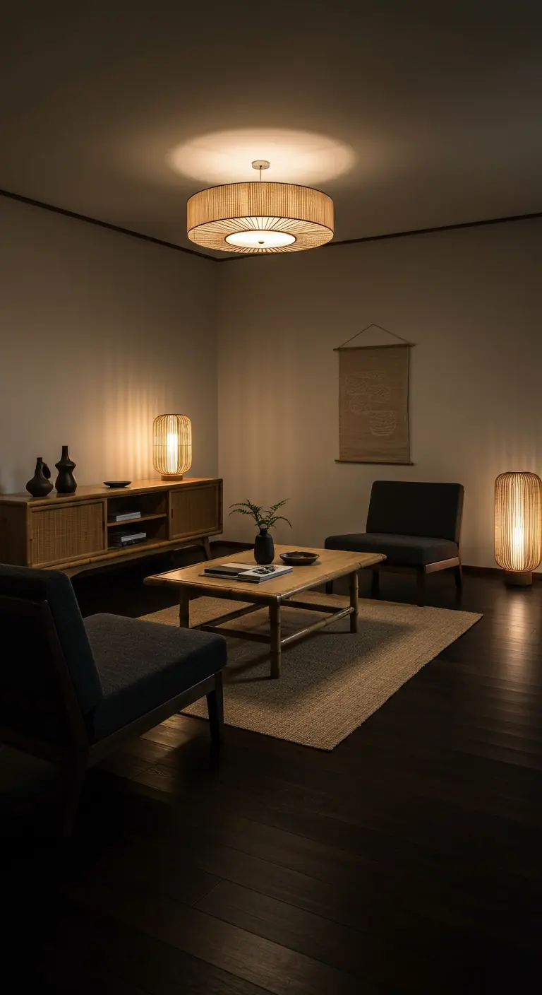 Woonkamer met rieten lampen, bamboe dressoir en donkere vloer