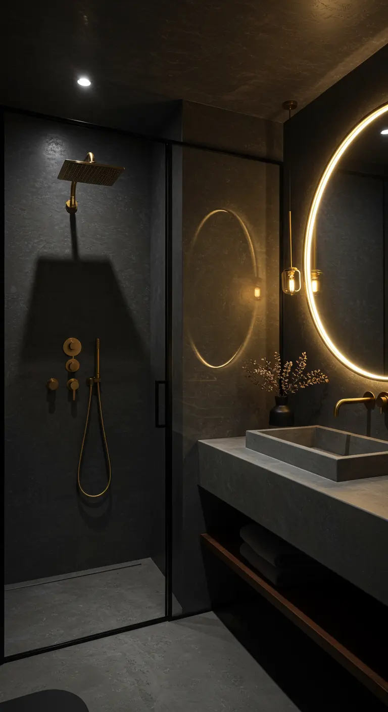Donkere badkamer met een ronde spiegel met backlight, betonnen wastafel en messing douche.