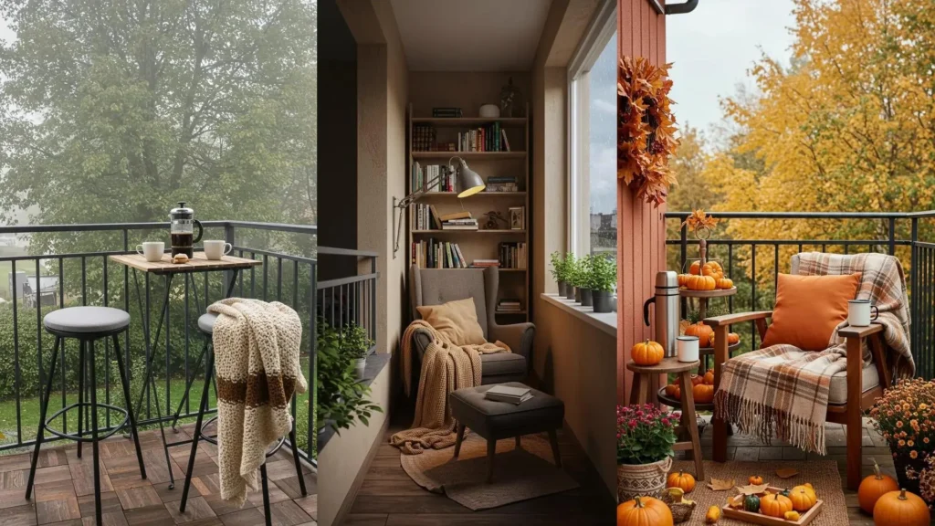 Sfeervolle balkons met zachte stoelen, warme dekens en herfstkleuren voor regenachtige dagen.
