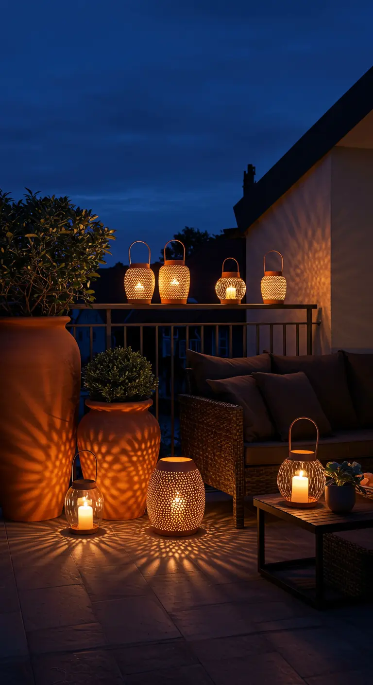 Balkon 's avonds met grote terracotta pot, decoratieve terracotta lantaarns en een zitgedeelte.