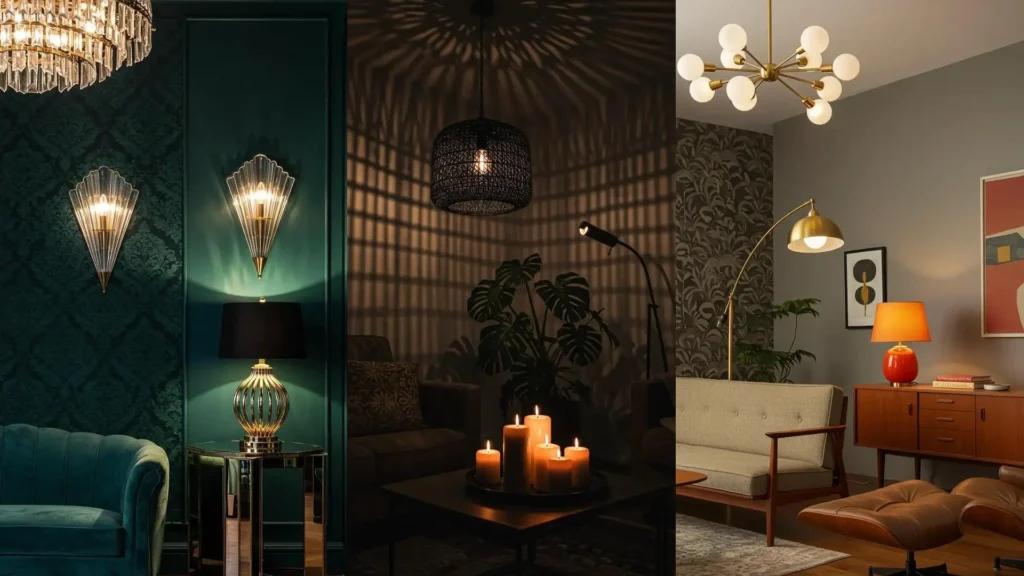 Sfeervolle verlichting in lagen voor een gezellige woonkamer, met diverse lampen en kaarsen die warmte creëren.