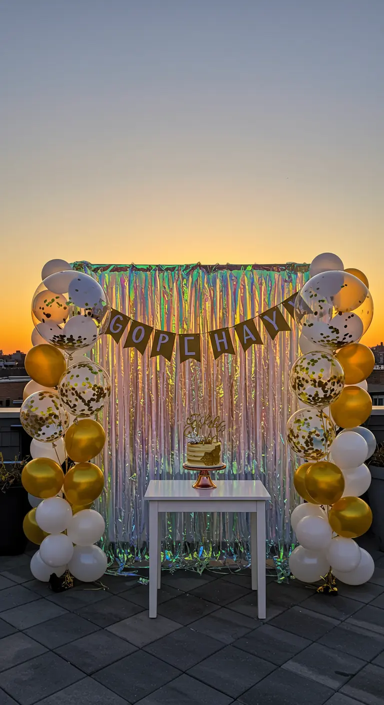 Taarttafel op een dakterras met een glimmende backdrop en ballonnen.